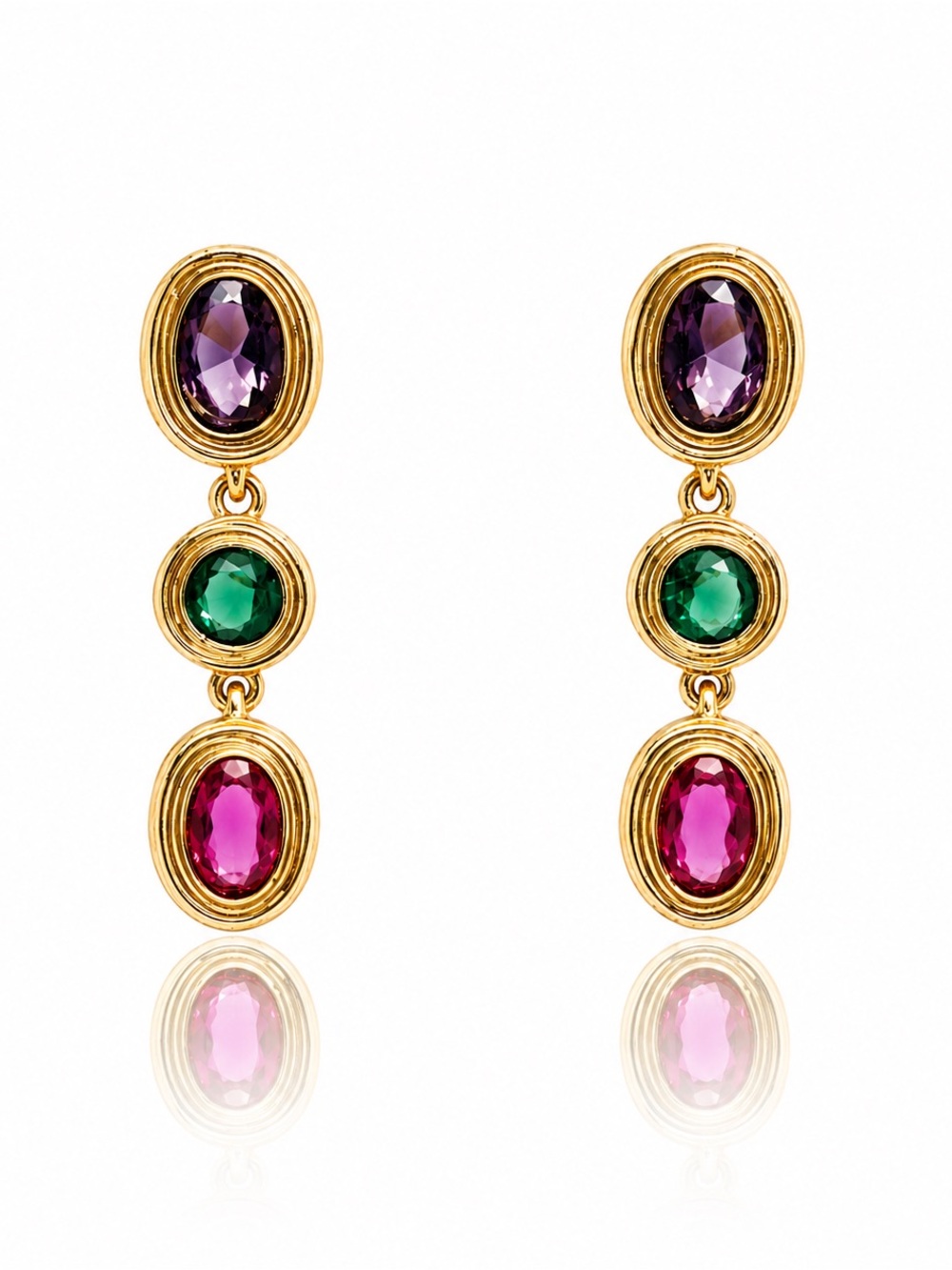 Gold Multi-Gem PVD Drop Earrings - Purple, Green & Pink - Picture 1 of 3